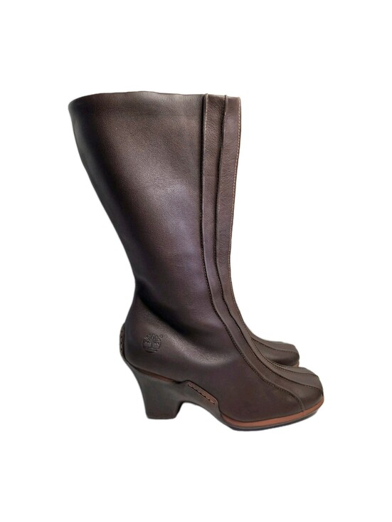 Timberland Shoes - Timberland Uptown Tall Genuine Brown Leather Heeled Boots Side Zip Women’s 9
